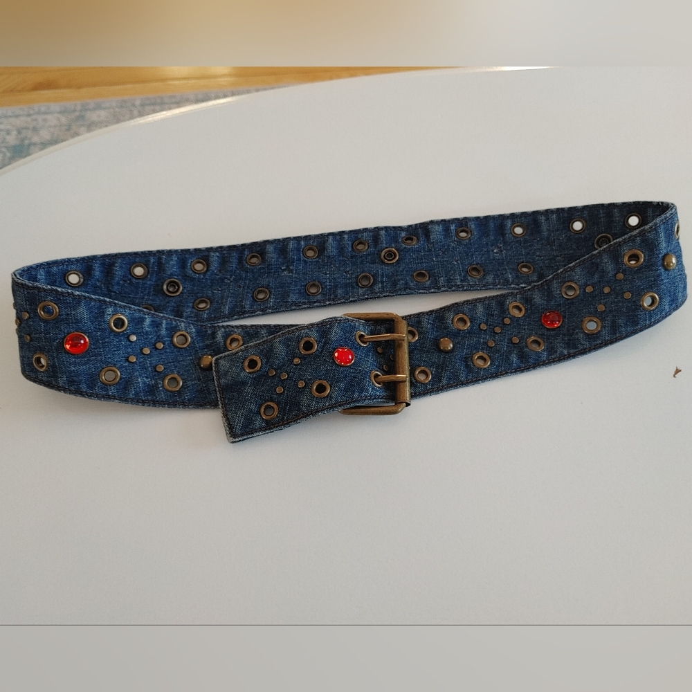 Vintage Blue Jean Bling Denim Belt Red Stones - Picture 2 of 4